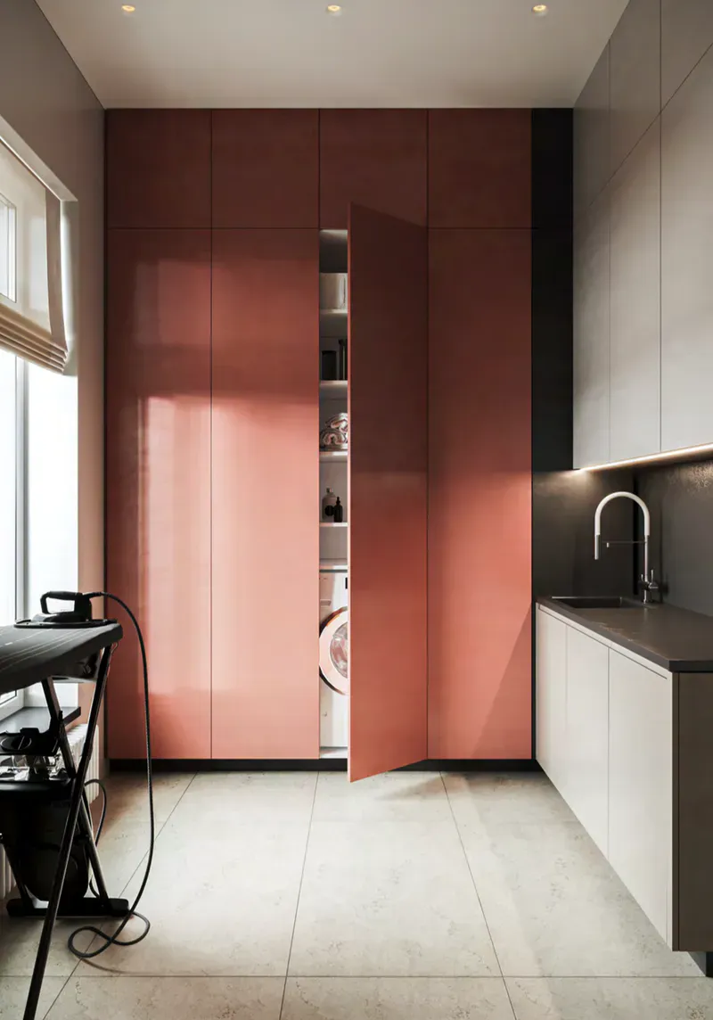 Постирочная с глянцевыми терракотовыми фасадами и встроенной техникой, загородный дом Новорижское шоссе