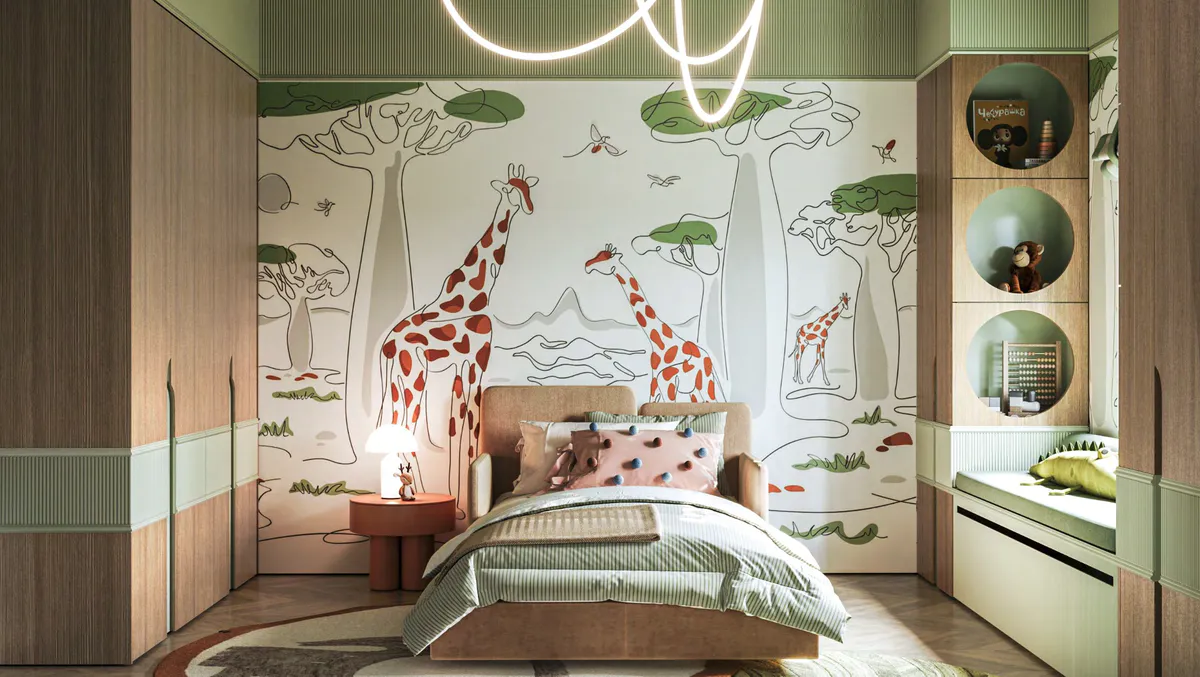 Детская комната с росписью жирафами и мебелью из шпона с зелёными акцентами