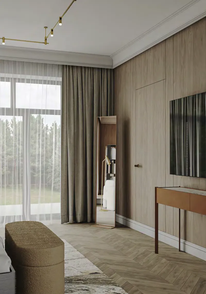 Спальня с деревянными панелями без стыков и скрытой дверью, резиденция на Новой Риге