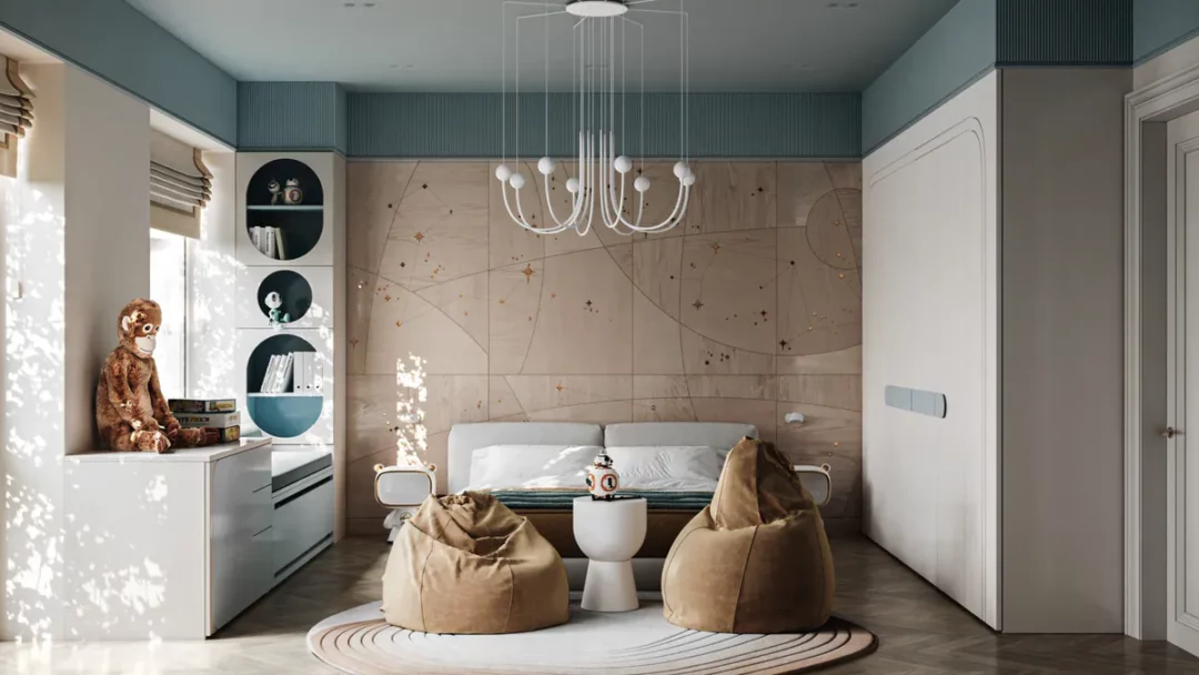 Детская комната в космическом стиле с панелями-созвездиями и круглыми нишами